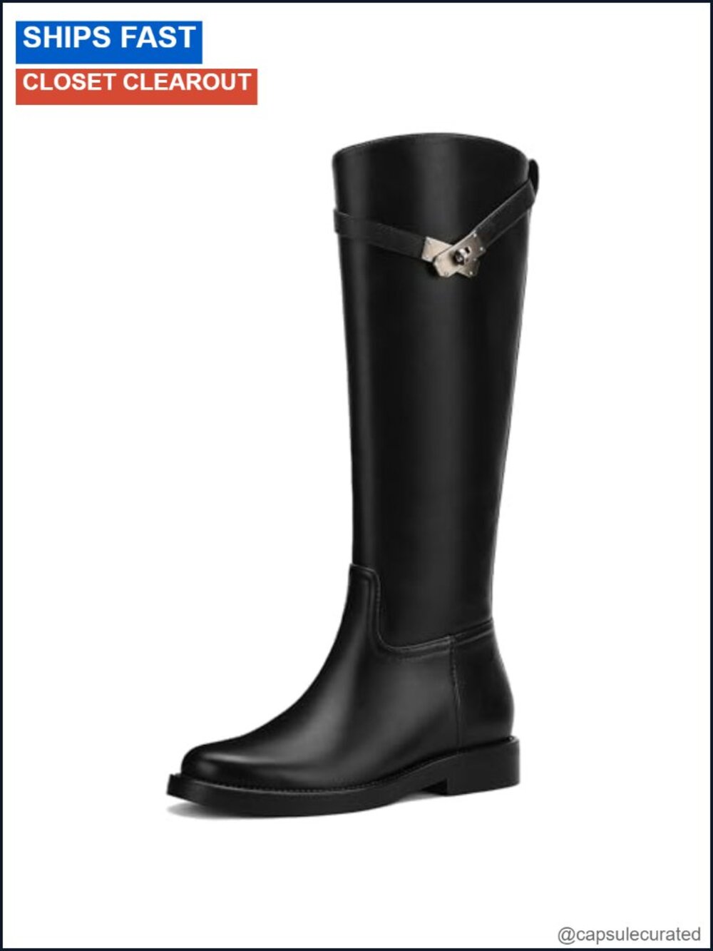 Knee High Boots Women Tall Riding Faux Leather Low Heel Round Toe Pull On Wide